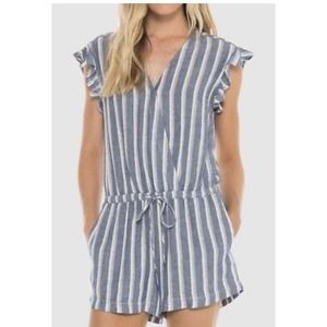 Anthropologie Cloth + Stone Large Romper Blue White Striped Short Linen Blend